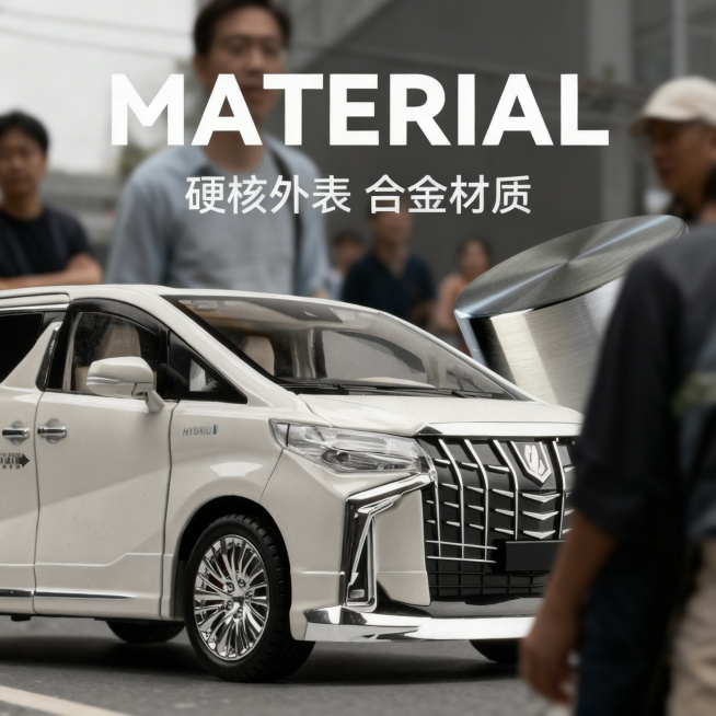 保持原有文字"MATERIAL 硬核外表 合金材质"和白色埃尔法汽车模型主体不变，换成全新写实摄影风格预览效果