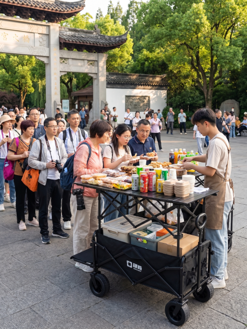 将参考图中的露营推车和折叠桌，放置在景区的入口处，作为售卖特色小吃和饮品的摊位，车后有年轻老板在推车前工作，推车内有收纳箱，周围有很多排队的游客，氛围热闹，不改变产品形状、不改变零件结构、不修改配件细预览效果