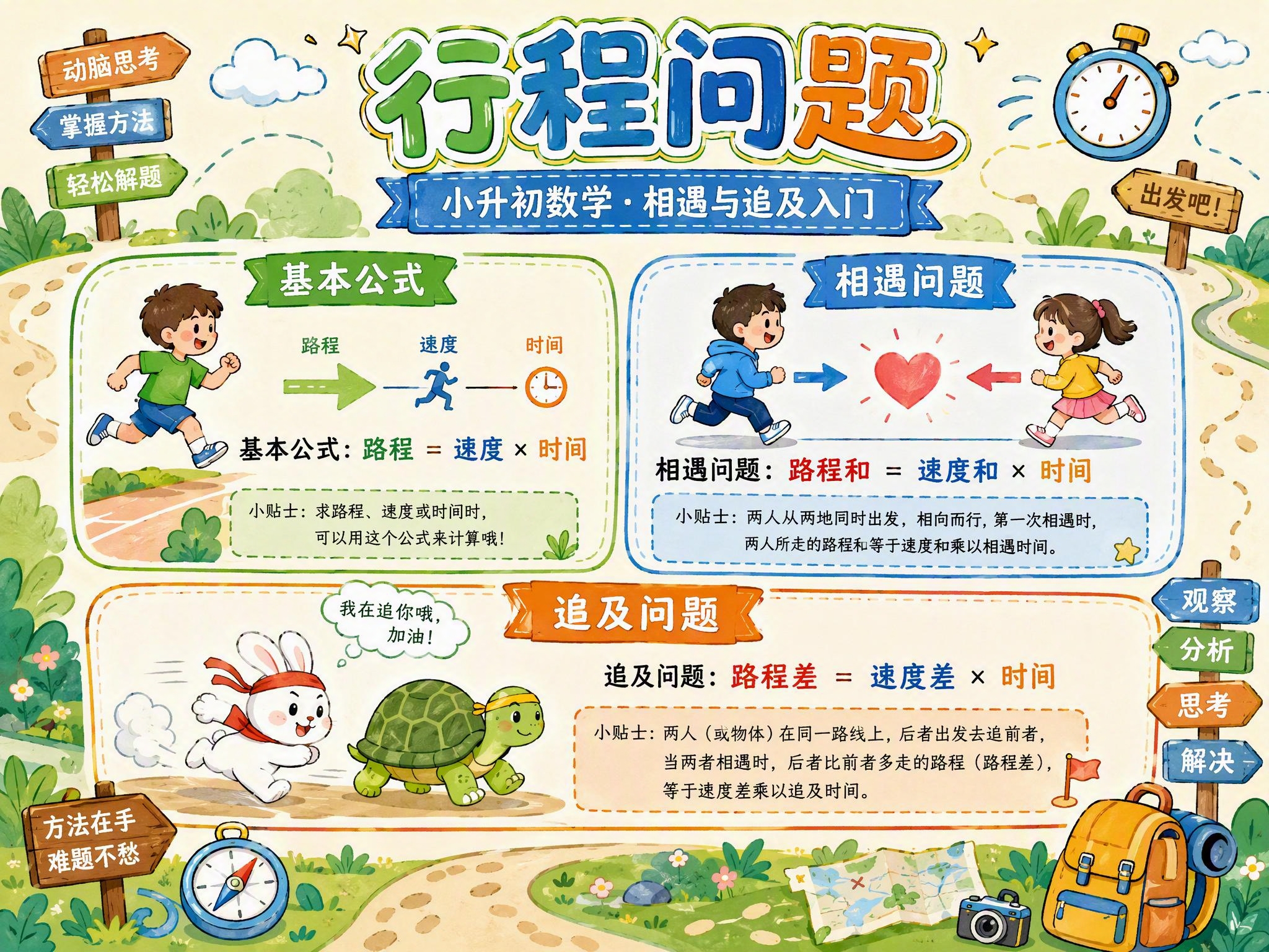 一张横版数学手抄报，主题是行程问题，适合小学衔接初一的学生阅读… - 图片创意预览