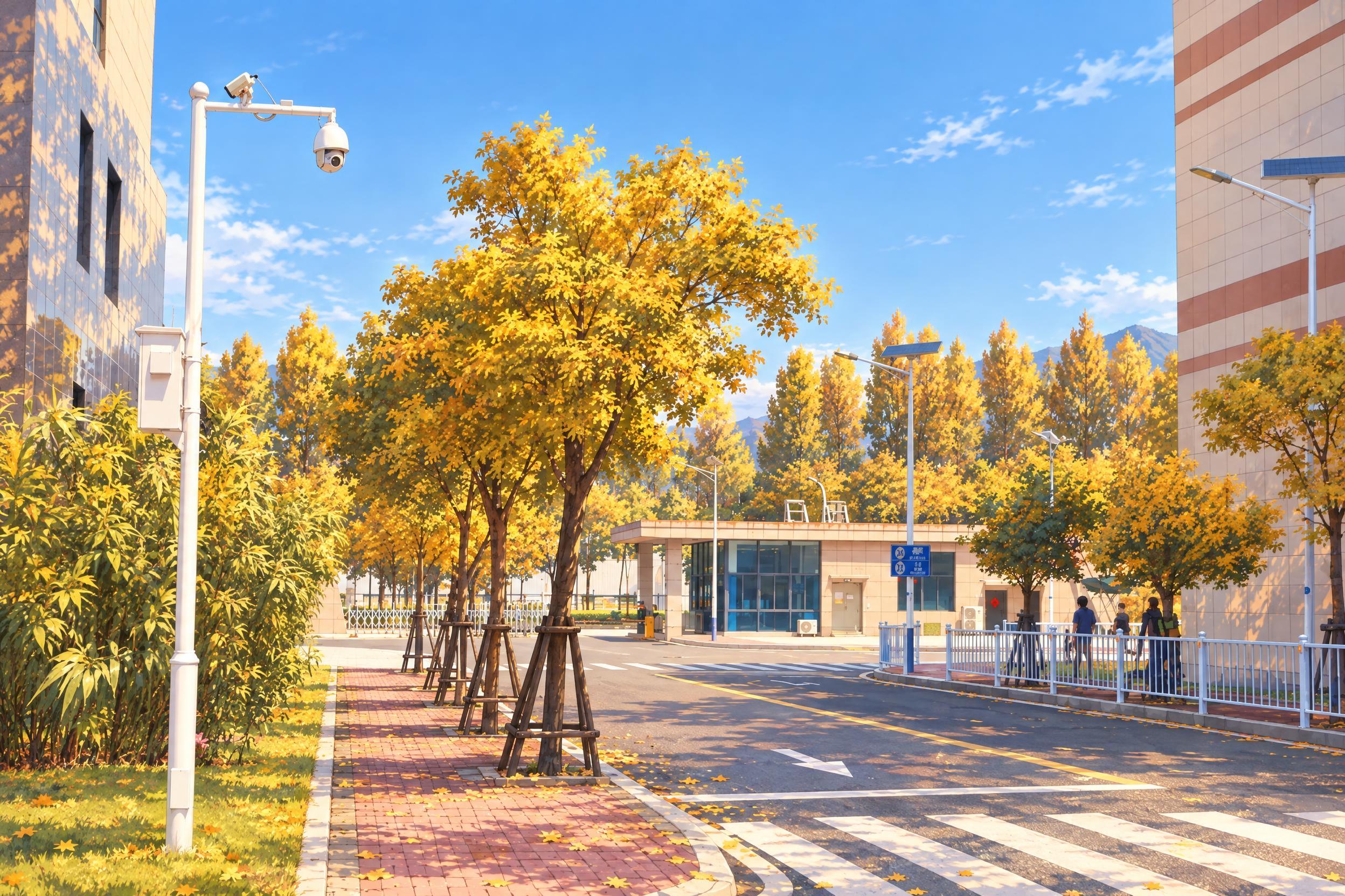 将这张照片重绘为动漫风格，保留原场景的道路、建筑、树木、路灯和… - 图片创意预览