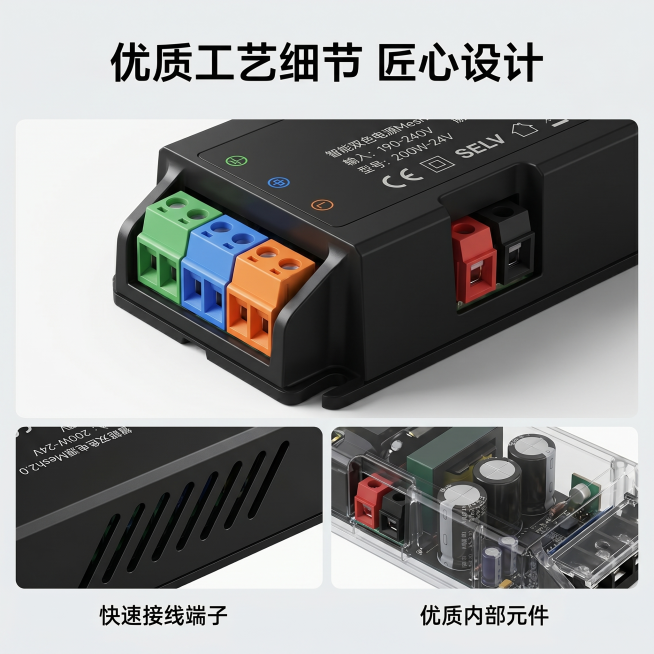 [主图-3] 米家智能蓝牙Mesh2.0工艺细节特写展示
[氛围风格] 微距细节展示，突显工艺品质
[画质] 商业摄影质感、光线柔和通透、产品清晰真实、画面干净高级
[元素] 主体画面为电源接线端口的预览效果