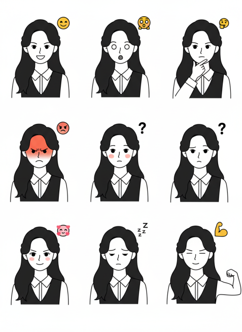 保持人物主体不变，创作一组简笔画风格表情包，搭配一些emoji图标，包含表情不同、姿势不同的九宫格表情包预览效果