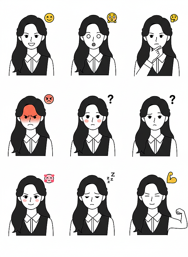 保持人物主体不变，创作一组简笔画风格表情包，搭配一些emoji图标，包含表情不同、姿势不同的九宫格表情包