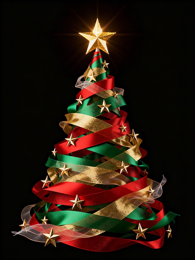 3D重拟物风圣诞树，鎏金与红绿丝带交织，金属质感星饰闪耀，营造奢华梦幻的节日氛围。