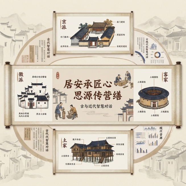 中式卷轴信息系统整体效果图，卷轴展开幅度适中，边缘有传统肌理，淡雅米色背景点缀浅淡水墨民居轮廓虚影。中心、上下、左右板块布局规整，四大地域民居核心元素清晰，古今智慧对谈板块对比衔接自然，点缀书法体“居预览效果