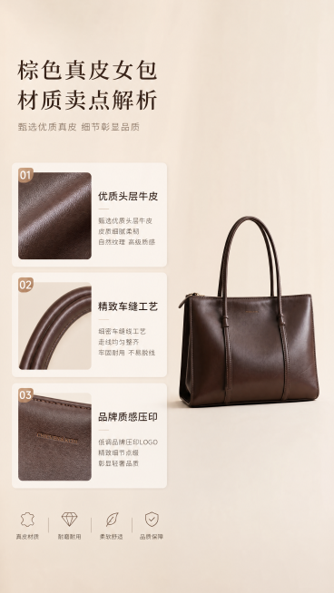 [第2屏] 棕色真皮女包材质卖点解析，简约高级浅暖底调，左文右图排版，左侧分三个卡片介绍不同材质卖点，右侧展示包包保持原有颜色版型，9:16竖版4K，文字清晰，禁止变形错乱预览效果