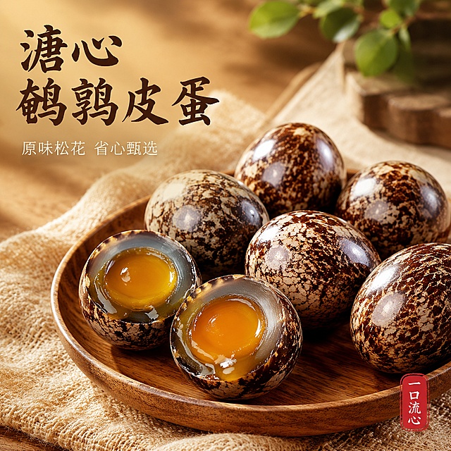 [主图-1] 鹌鹑皮蛋溏心原味产品首图，突出诱人食欲感。
[氛围风格] 自然新鲜国风美食氛围；
[画质] 商业美食摄影质感，光线柔和通透，产品清晰真实，画面干净高级。
[元素] 对半切开的溏心鹌鹑皮蛋居中展示，溏心呈现自然半透明流心状态，油润光泽，蛋壳深褐带松花结晶纹理，完整皮蛋围绕在周围，搭配原木色餐碟，浅麻布餐垫作背景衬底，左上角留出负空间放文案。商品主体占比约70%，画面满屏无边框，细节丰富，保持产品外观真实自然，杜绝变形和色差。
[光影] 自然暖阳斜侧逆光，突出皮蛋溏心的通透感和蛋壳松花纹理，皮蛋油润表面有柔和高光，暗部层次清晰不发闷，整体暖调光影增强食欲感。
[配色] 主色调：原木暖棕、皮蛋深褐；辅助色：溏心浅黄、麻布米白，整体自然暖调。
[视角构图] 平视45度斜拍，产品为视觉中心，景深适中，产品完整不裁切。
[文字版式] 左上角负空间左对齐留安全边距，大字主文案“溏心鹌鹑皮蛋”，深棕色粗书法字体，最大字号；辅助文案“原味松花 省心甄选”，米白色小字放在主文案下方；右下角红色小印章“一口流心”装饰，文字不遮挡主体。
[比例分辨率] 1:1比例，2048*2048px，4k分辨率，文字清晰可辨，画面超高清。
[负向提示词] 变形，文字错乱，产品模糊，背景杂乱，水印，电商平台Logo，绝对化违禁词