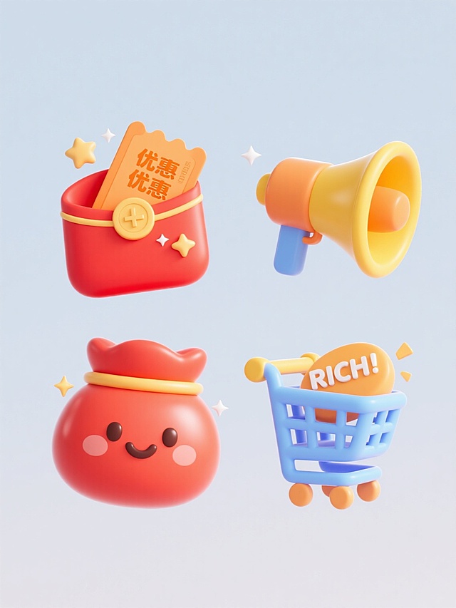 一组4个不同配色、不同样式、不同材质的卡通3D电商促销元素，包含红包、优惠券、购物车、喇叭，整体采用干净明亮的风格，符合现实逻辑，适用于素材使用。每个元素都具有圆润可爱的造型，表面呈现出类似柔软硅胶或光滑塑料的质感，带有细腻的高光和柔和的阴影。色彩搭配鲜艳明快，每个元素拥有独特的主色调，如红包为喜庆红、优惠券为活力橙、购物车为清新蓝、喇叭为亮眼黄等。元素上可点缀星星、闪光等装饰，部分元素带有“RICH!”等趣味文字标识，整体设计充满童趣和吸引力，适合电商平台的促销活动宣传。