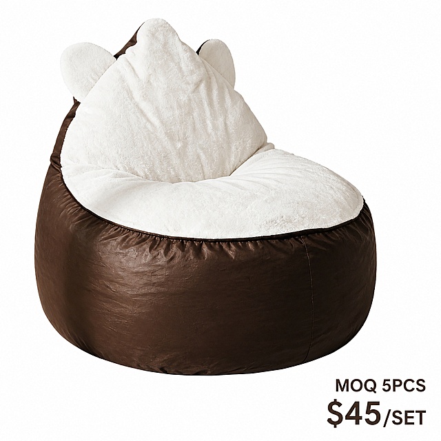 [Main Image 1] Mickey Mouse lazy compressed bean bag sofa, product centered on pure white background.
[Atmosphere Style] Professional and standardized Amazon cross-border e-commerce main image style.
[Image Quality] Commercial photography texture, soft and transparent light, clear and real product, clean and high-class picture.
[Elements] Keep the appearance (physical structure, material texture, color) of the lazy sofa completely consistent with the input product image, eliminate any deformation and color difference, fine processing. Product subject accounts for 85% of the画面, the center is prominent, the picture is full-screen without borders, no extra decorations. The price information "MOQ 5PCS $45 PER SET" is placed in the lower right corner negative space.
[Light and Shadow] Soft studio diffuse reflection light, light even, outline the product three-dimensional sense, no hard shadow.
[Color Matching] Pure white background, product brown and white natural presentation.
[Perspective Composition] Front平视, full product outline, no cropping, deep focus clear.
[Text Layout] All text in English, the lower right corner "MOQ 5PCS" "$45/SET" clear typesetting, font simple without serifs, font color deep brown and background strong contrast, do not block the product subject.
[Output Requirements] 1:1 ratio, clear and legible text, ultra-high-definition commercial photography texture.
[Negative Prompt] Deformation, text confusion, blurred product image, messy background, watermark, e-commerce platform Logo, Chinese characters.