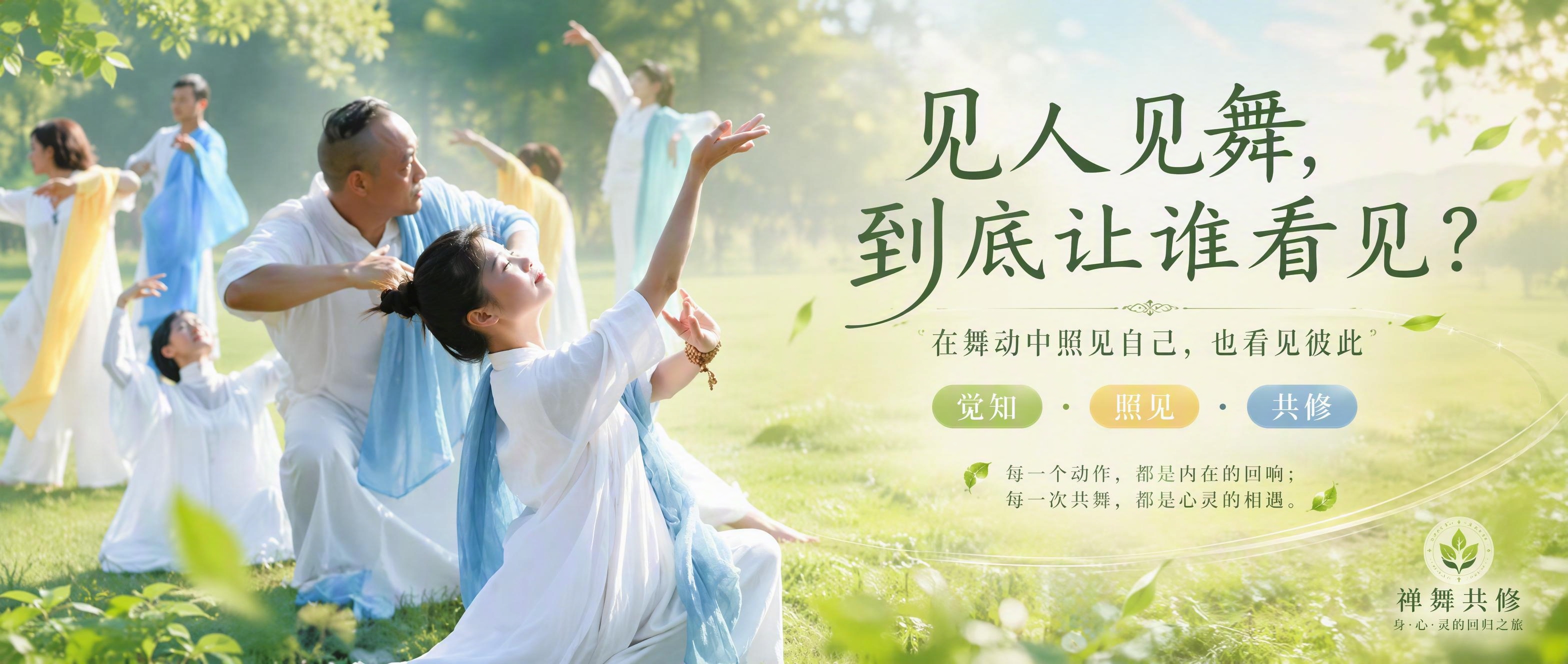 基于参考图制作公众号封面海报，保留图中户外草地禅舞共修的场景与… - 图片创意预览