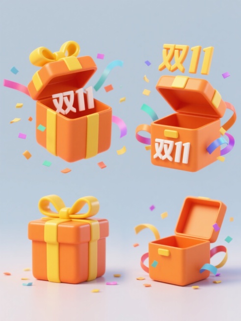 一套4个规整排布的电商营销素材，整体采用简约现代的3D立体风格，纯色背景。第1个为橙色礼盒，盒盖打开，顶部系着黄色蝴蝶结，周围有彩色飘带和纸屑散开，保持原素材的造型、明快活泼的氛围、光滑的塑料质感及鲜明的色彩对比；第2个为同风格橙色礼盒变体，盒盖打开，黄色蝴蝶结，周围彩色飘带和纸屑，礼盒正面或侧面巧妙融入简约现代风格的“双11”字样；第3个为同风格橙色礼盒变体，盒盖打开，黄色蝴蝶结，周围彩色飘……预览效果