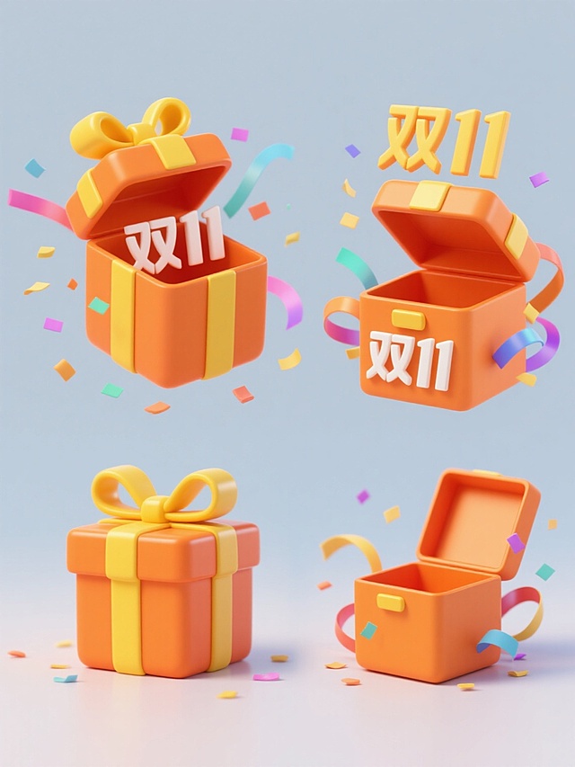 一套4个规整排布的电商营销素材，整体采用简约现代的3D立体风格，纯色背景。第1个为橙色礼盒，盒盖打开，顶部系着黄色蝴蝶结，周围有彩色飘带和纸屑散开，保持原素材的造型、明快活泼的氛围、光滑的塑料质感及鲜明的色彩对比；第2个为同风格橙色礼盒变体，盒盖打开，黄色蝴蝶结，周围彩色飘带和纸屑，礼盒正面或侧面巧妙融入简约现代风格的“双11”字样；第3个为同风格橙色礼盒变体，盒盖打开，黄色蝴蝶结，周围彩色飘带和纸屑，礼盒上方或一侧搭配简约现代风格的“双11”字样；第4个为同风格橙色礼盒变体，盒盖打开，黄色蝴蝶结，周围彩色飘带和纸屑，“双11”字样以简约现代的方式与礼盒及飘带元素自然结合。所有素材均无任何文字、logo及水印。