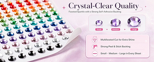 [商品] 使用【图1】【图3】自粘水钻贴纸；保留多面切割水钻、背胶底纸、小中大三种尺寸混合；微距角度真实，不改变颜色和结构。
[画面] 机理细节页（大元素微距型）：画面左侧大面积微距特写展示水钻多面切割反光与底部自粘背胶层，背胶层剥起一角清晰可见；右上叠加小中大三颗水钻并排的大小对比放大框，右下浅粉紫圆角信息卡放三行机理卖点；水钻与背胶元素合计占画面约60%，背景暖白至浅粉紫渐变丝绒质感，三层信息层级。
[视觉] 套系策略：风格=跨境梦幻美妆商业摄影；标题字=优雅现代衬线体；正文字=简洁无衬线体；主色=柔雾粉紫；背景延展=暖白至浅粉紫渐变、细腻丝绒与微光质感；强调色=亮粉，仅用于小面积图标、引线和标签；标题色=深紫灰；正文色=中暖灰；组件=圆角信息卡、细线引线、星点标签；光影=柔和影棚光、水钻高光。
[文字] 标题"Crystal-Clear Quality"、副标题"Faceted Sparkle with a Strong Self-Adhesive Backing"；信息点"Multifaceted Cut for Extra Shine"、"Strong Peel & Stick Backing"、"Small · Medium · Large in Every Sheet"，全部横向排版，文字不遮挡微距主体。
[规格] 61:25横版，4K，避免变形、错字、竖排文字、亚洲面孔、水钻切割形状改变、背胶结构失真、水印。