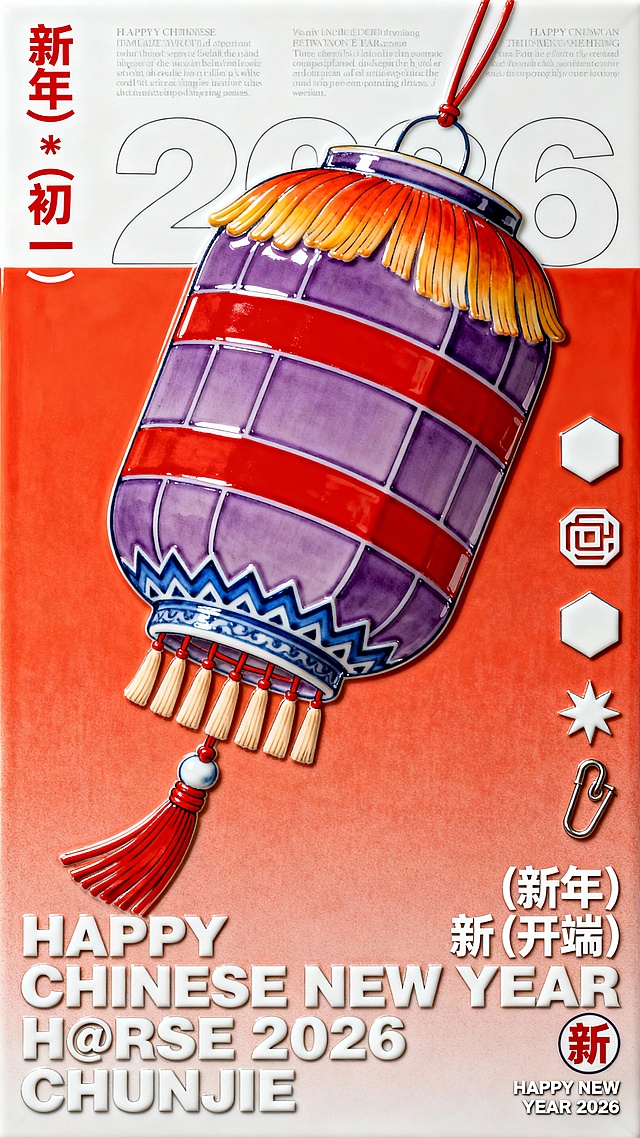 画面中央的主体是一个倾斜展示的拟人化灯笼（主体为紫色，横向缠绕着几条红色的宽条纹，灯笼顶端正垂落出一束巨大的流苏形状，这个流苏由橘色和黄色组成，边缘有一圈蓝色的锯齿状线条装饰，中心点向外垂落七八根细长的浅色小穗，流苏与灯笼主体通过红色系带连接）。画面右侧点缀着一些图形元素，包括一个白色的六角形符号、一个像回纹针一样的环形图标以及两个并排的四角星符号。画面底部占据近三分之一高度的是巨大的白色加粗无衬线英文字体，分为三行排列，分别是 “HAPPY CHINESE NEW YEAR”、“H@RSE 2026” 以及 “CHUNJIE”。画面左上角垂直排列着红色的汉字文案 “(新年) * (初一)”。画面右下角有横向排列的白色文字 “(新年) 新 (开端)”，其中中间的 “新” 字被一个圆圈包围，右侧还带有 “HAPPY NEW YEAR 2026” 的小字。画面顶部有三列精细的英文排版，包含 “AICG DESIGN”、“Good luck Good health Good cheer”、“@2026” 等细节文字。画面中部左侧有一段长篇的英文介绍，背景中还隐约衬托着巨大的、仅有轮廓线的数字 “2026”。背景是一个从顶部的白色向底部的橙红色平滑过渡的竖向渐变色块。整体构图呈现出一种极简且富有高级感的节日海报布局。