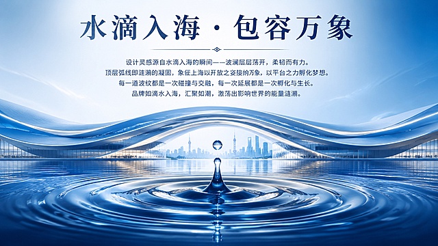 上海馆设计理念海报，主题为"水滴入海·包容万象"。画面中央一滴晶莹剔透的水滴落入深蓝色海面，激起层层涟漪波纹向四周荡开，柔韧而有力。顶层弧线是涟漪的凝固形态，呈现优雅的弧形建筑轮廓，象征开放包容。画面采用蓝白渐变色调，水波光影流动，充满现代感与科技感。上方大字标题"水滴入海·包容万象"，下方配有说明文字："设计灵感源自水滴入海的瞬间——波澜层层荡开，柔韧而有力。顶层弧线即涟漪的凝固，象征上海以开放之姿接纳万象，以平台之力孵化梦想。每一道波纹都是一次碰撞与交融，每一次延展都是一次孵化与生长。品牌如滴水入海，汇聚如潮，激荡出影响世界的能量涟漪。" 整体风格高端大气，建筑美学，16:9横版构图