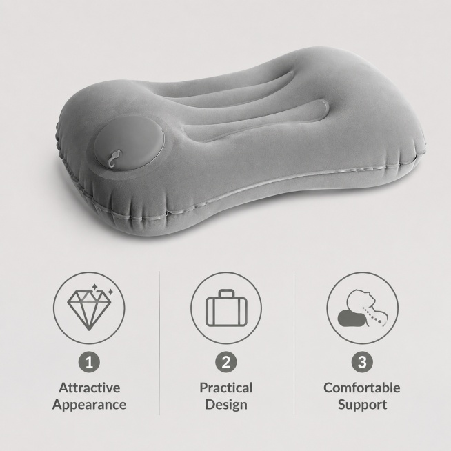 Generate a feature highlights main image for a cloud gray inflatable pillow with three main selling预览效果