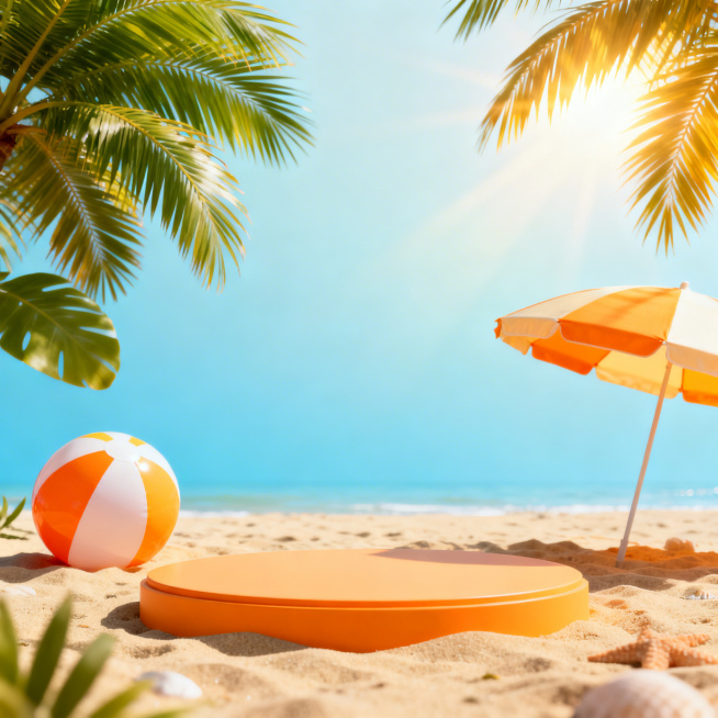 夏日活力风电商展台背景，阳光沙滩元素，浅蓝色渐变，夏日清凉感，明亮色彩，活力橙黄色调，适合快消品夏季产品展示预览效果