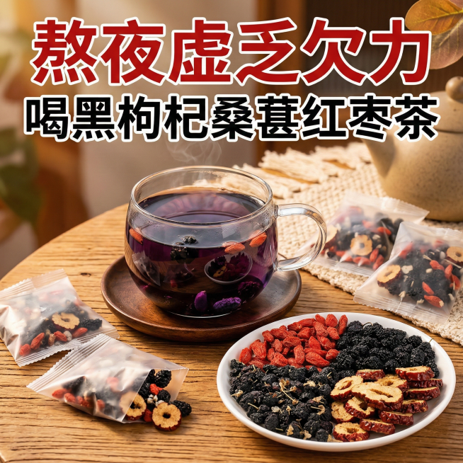 黑枸杞桑葚红枣茶抖店爆款场景主图，画面展示冲泡好的茶汤，旁边放着独立茶包和原料盘，背景是温馨的居家场景，搭配醒目标语"熬夜虚乏欠力 喝黑枸杞桑葚红枣茶"，色彩浓郁有食欲，符合抖音电商爆款视觉风格预览效果