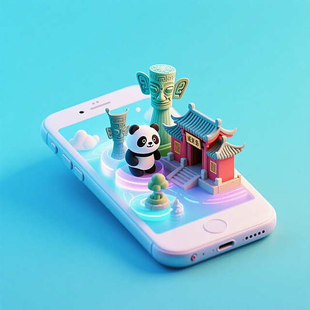 一个手机创意微缩场景，手机平放，侧面对着观众，手机俯视角度，立体的成都景观从屏幕内出来，有熊猫，三星堆，武侯祠，整体色调立体魔幻。青色背景。具有梦幻感,打光营造出柔和氛围强调梦幻和未来感的美学。