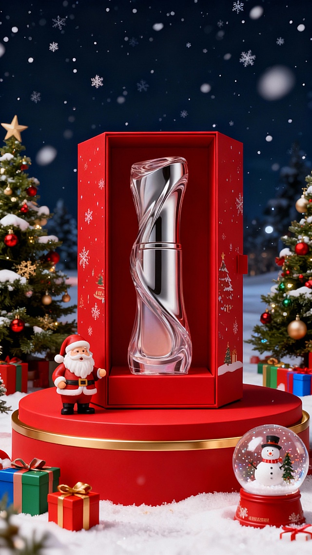 3D重拟物风玻璃瓶身，金属质感与梦幻雪景交融，红金配色传递喜庆温馨，圣诞元素点缀节日氛围。