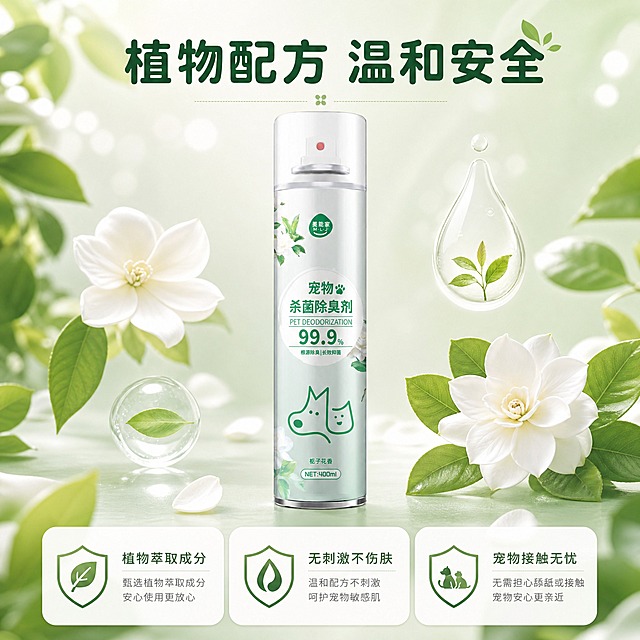 [主图-3] 细节与安全：成分安全背书图，证明植物配方温和安全，打消使用顾虑。
[统一基调] 清新自然治愈风，圆润黑体粗标题，简洁无衬线正文，浅薄荷绿主背景+米白辅助+栀子花白+嫩绿强调色，白色圆角信息卡+细线图标，自然柔光。
[画面] 使用【图1】宠物杀菌除臭剂产品图。产品置于画面中央，占画面约50%，正面展示。周围环绕天然植物元素：盛开的栀子花、新鲜绿叶、透明水滴中包裹的植物嫩芽，营造天然纯净感。下方三个盾牌形圆角卡片展示安全承诺，卡片内有对应图标。背景为柔和的浅绿渐变光斑效果。
[光影质感] 顶部柔和自然光，产品瓶身有自然高光，周围植物和水滴有通透感，底部有柔和接触阴影，整体精致商业摄影质感。
[配色] 主背景=浅薄荷绿渐变+光斑；辅助色=米白奶杏；强调色=栀子花白+嫩绿；卡片/图标=白色圆角盾牌+深绿线条；标题色=深森林绿；正文色=中灰绿。
[文字版式] 顶部主标题"植物配方 温和安全"，下方三个盾牌卡片分别写"植物萃取成分""无刺激不伤肤""宠物接触无忧"，每个卡片配一行小字说明。文字均横排，不遮挡产品主体。
[输出要求] 1:1正方形，2K分辨率，文字清晰可读，产品清晰不变形，避免医疗化表述、药品暗示、错字、模糊、杂乱、水印、平台Logo、极限词。