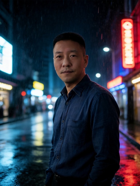 基于参考图人物特征，生成一张雨夜城市街拍光影写真，成熟男士，氛围感拉满，暗调质感，闷骚魅力，适合社交媒体预览效果