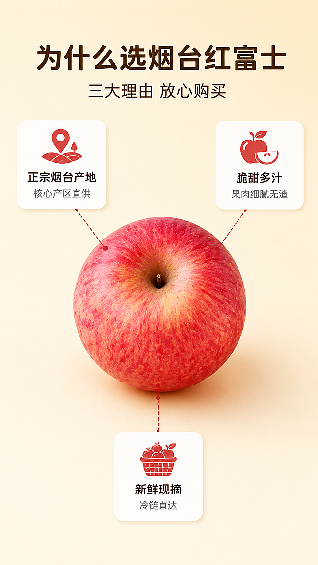 [第6屏] 详情页卖点拆解屏-红富士苹果三大核心理由中心引线型。本屏使用【图1】作为商品主体。
[氛围/风格] 简洁信息图风格，暖色调，清晰直观，商业摄影质感。
[元素布局] 画面中心是一颗完整的红富士苹果（红黄条纹清晰、饱满圆润），占画面约40%，居中放置。从苹果向四周引出三条虚线，分别连接三个卖点卡片：左上引线连「正宗产地」卡片，右上引线连「脆甜口感」卡片，下方引线连「新鲜采摘」卡片。背景是浅暖米色渐变，干净简洁。保持苹果外观与输入产品图一致。
[光影质感] 顶部柔光均匀照射，苹果表面有自然高光和阴影，立体感强，整体明亮干净。
[配色色系] 全局底色 #FFF8EE（暖杏色）；主色苹果红+暖黄；辅助色深棕文字、白色卡片。
[视角构图] 正面平视，苹果居中，三个卖点卡片呈三角形分布，阅读动线从中心苹果向四周扩散。
[文字版式] 顶部居中大标题。主标题「为什么选烟台红富士」，粗圆黑体，深棕色，大号；副标题「三大理由 放心购买」，同色系中号。三个卖点卡片：左上「正宗烟台产地 核心产区直供」，右上「脆甜多汁 果肉细腻无渣」，下方「新鲜现摘 冷链直达」。每张卡片为白色圆角矩形，内有红色小图标+黑色标题+灰色小字说明。引线为细虚线，末端指向苹果对应部位。文字清晰可读，不遮挡苹果主体。
[比例分辨率] 9:16 竖版比例，4K 分辨率，文字清晰可辨，高清画质。
[负向提示词] 变形，水印，文字错乱，文字过小，苹果颜色偏差，背景杂乱，电商平台Logo。