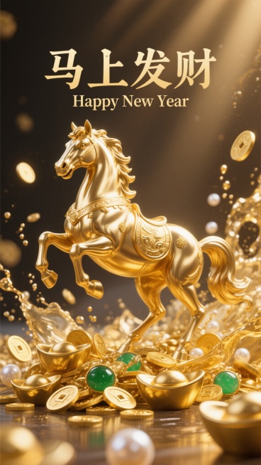 新年祝福海报，奢华金色雕塑马，周身环绕着闪耀的金币与翡翠元宝，背景是泼洒的液态黄金与珍珠。高细节3D渲染，金属抛光质感，光影追踪，景深效果。奢华富贵，手机壁纸，竖构图，楷体文字“马上发财”装饰英文“Happy Ne预览效果