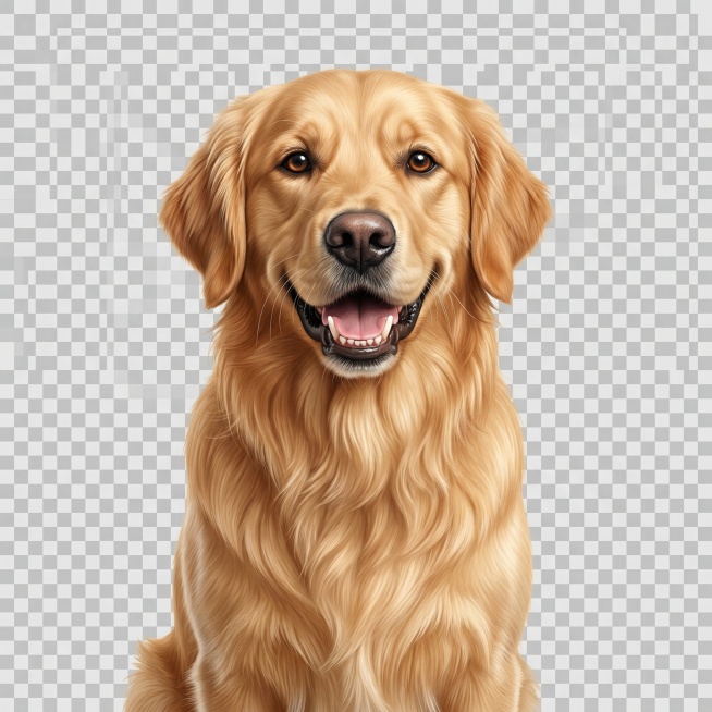 狗狗正面微笑的真实写实插画，毛发柔顺顺滑，不限品种，背景为透明预览效果
