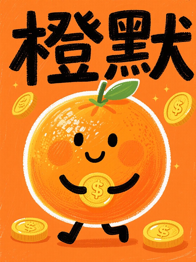 插画风卡通橙子拟人化，衔金币展喜庆，节日氛围浓厚。