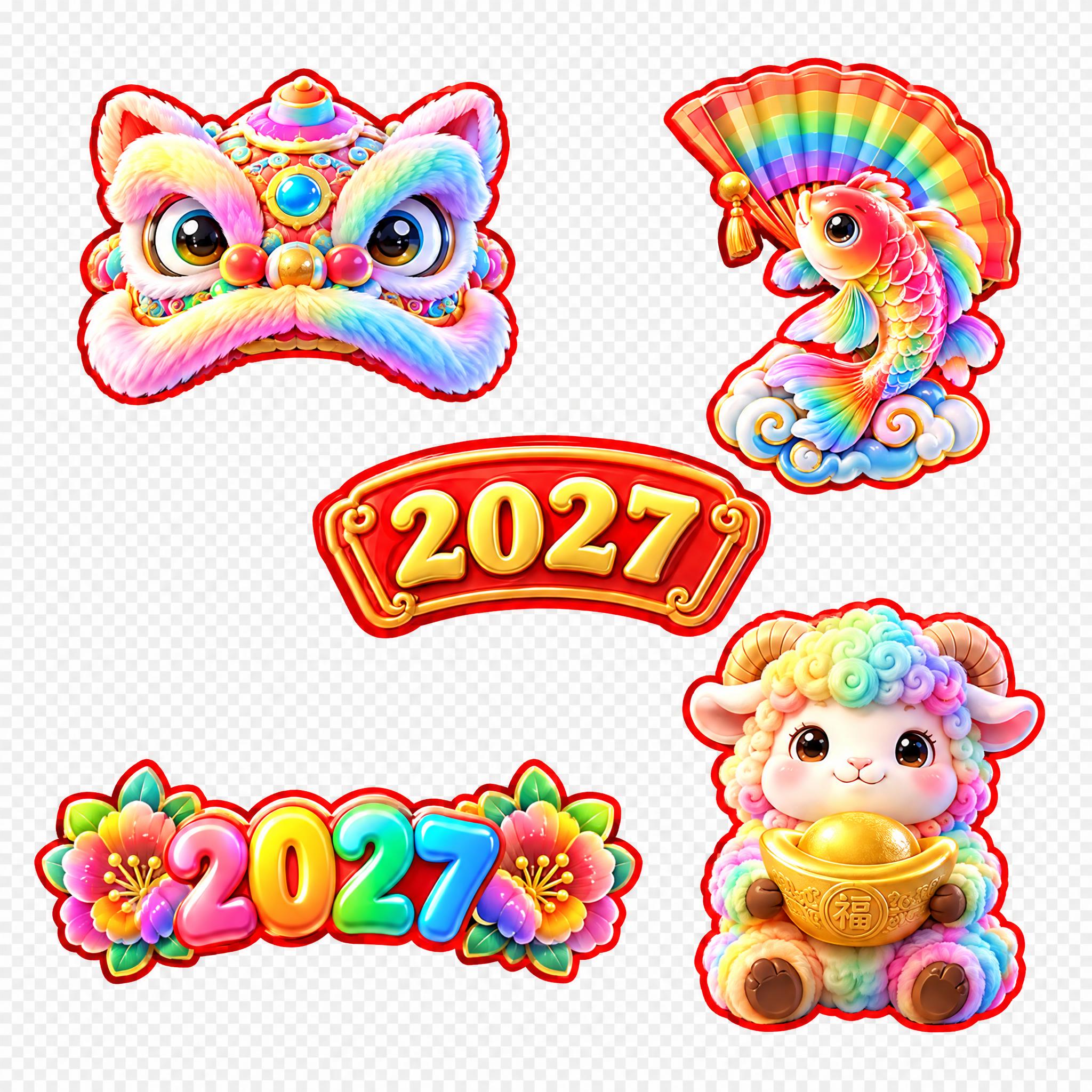 参考图中的5个春节装饰元素风格，生成一套完整的2027羊年春节… - 图片创意预览
