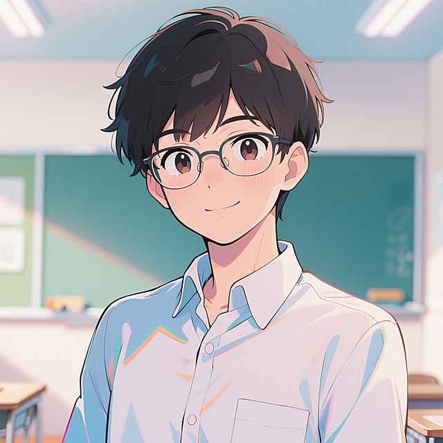 动漫风格高中老师头像，阳光元气的青年教师形象，戴着细框眼镜，穿休闲衬衫，背景是明亮教室元素，画风清爽可爱，色彩明快，适合作为社交头像