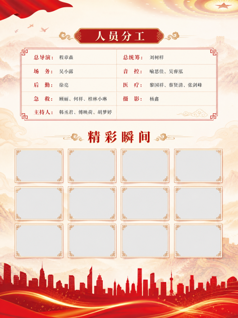 设计宣传手册内页第二面，和封面红色国风风格保持一致，上三分之一区域放置人员分工表格，表格一行显示两个职位和人名，具体分工为：总导演：程章森，总统筹：刘树样，场务：吴小露，音控：喻思佳、吴睿泓，后勤：徐预览效果