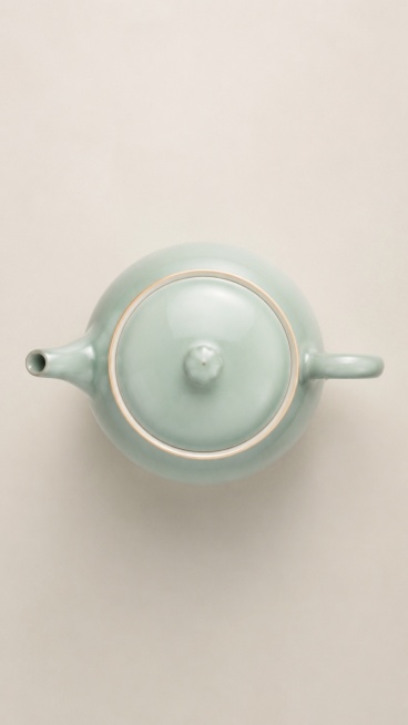 [主图-2] 玉青瓷茶壶俯视图展示。
[氛围风格] 新中式禅意简约素雅风格，商业陶瓷产品摄影，高级质感
[画质] 商业摄影质感、光线柔和通透、产品清晰真实、画面干净高级
[元素] 玉青瓷茶壶从上往下俯预览效果