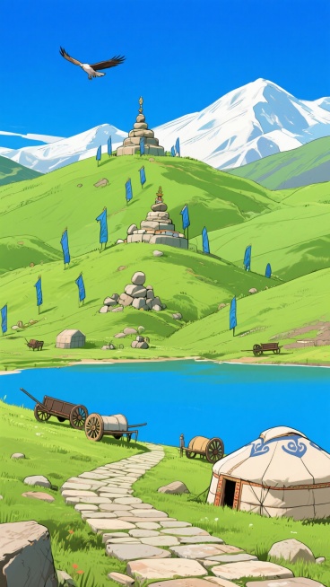 二次元，草原山，细节丰富，绿色和蓝色，民族风，生成2张，不要人，4k，9:16预览效果