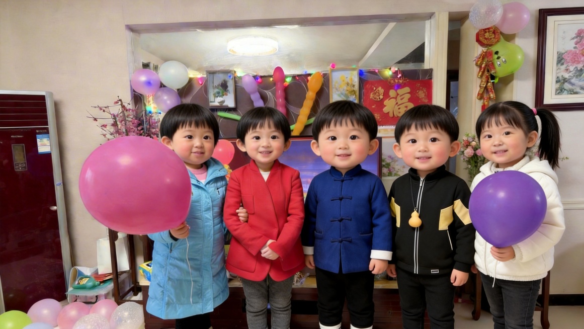 将图中五个人替换为孩童形象，保留现有服饰，还原30年前孩童的样貌神态预览效果