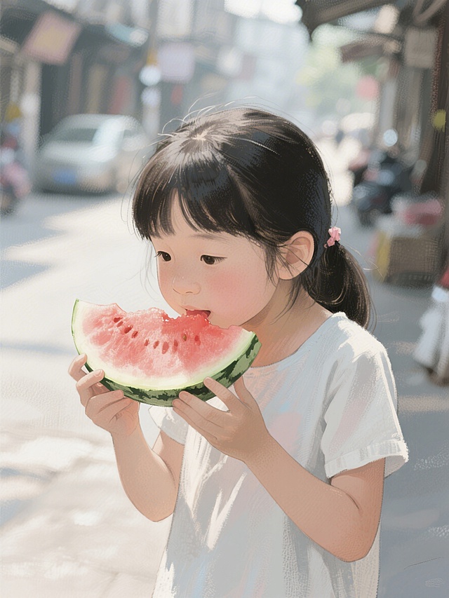 女孩吃西瓜的治愈系插画，画面色彩柔和，笔触细腻，营造温暖治愈的情感氛围