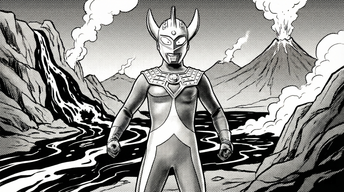 将这张奥特曼图片转换为16:9黑白漫画风格，背景改为火山熔岩地貌，保持人物主体造型不变，转换出漫画线条和黑白网点质感预览效果