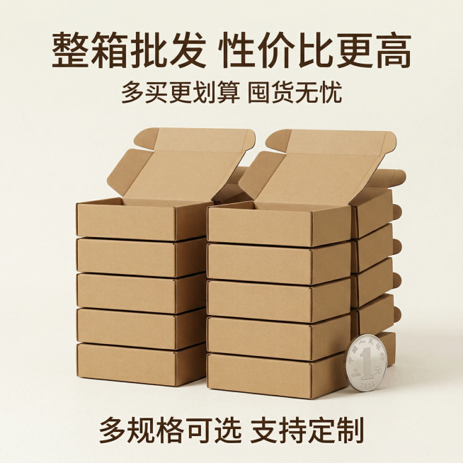 基于提供的牛皮纸飞机盒图片，生成囤货展示主图，多只飞机盒整齐堆叠在浅米色背景上，排列规整，呈现量感，旁边放置一枚一元硬币作为厚度参照，凸显纸箱的厚度。画面顶部主标题“整箱批发 性价比更高”，下方文字“预览效果
