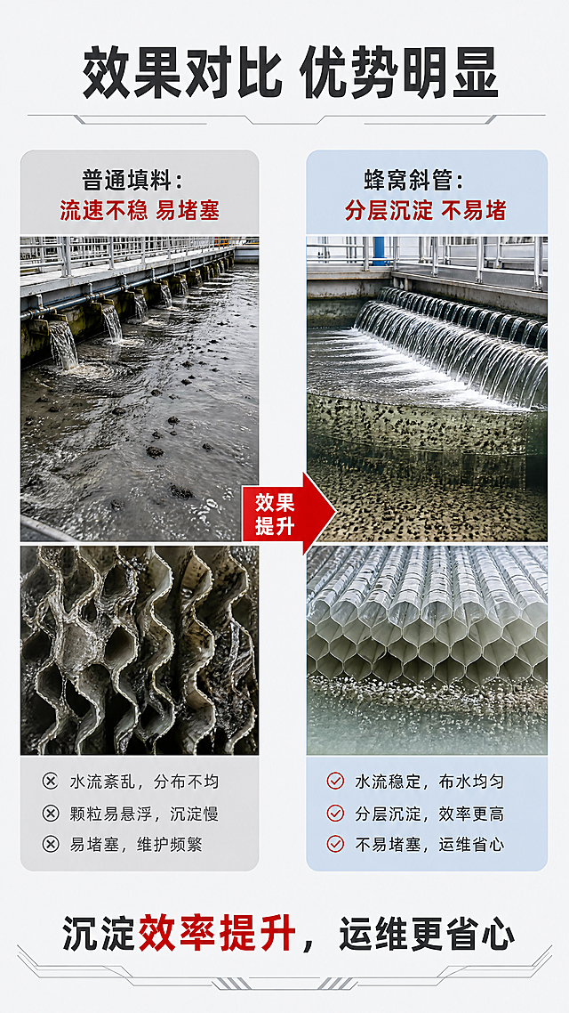[第6屏] 淘宝天猫详情页使用效果对比测试，展示蜂窝斜管填料使用效果。
[氛围/风格] 对比直观，专业可信，清晰展示差异，工业测试风格。
[元素布局] 画面左右分栏对比，左侧展示普通填料使用效果，右侧展示本款蜂窝斜管填料使用效果，中间添加对比箭头和文字标注。上方放主标题，下方总结对比结论，保持整体左右平衡，对比清晰。
[光影质感] 左右两侧光照一致均匀，对比差异明显，明暗层次清晰，文字标注清晰可见。
[配色色系] 全局底色：#F0F2F5（浅工业灰）；左侧普通区浅灰底色，右侧本款区浅蓝底色突出效果，文字深灰，对比标注用红色强调。
[视角构图] 左右对称对比构图，主标题在上，对比图在中，结论在下，逻辑清晰直观。
[文字版式] 顶部主标题“效果对比 优势明显”，左侧标注“普通填料：流速不稳 易堵塞”，右侧标注“蜂窝斜管：分层沉淀 不易堵”，底部总结结论“沉淀效率提升，运维更省心”，文字排版工整，大小适合手机阅读。
[比例分辨率] 9:16竖版比例，4K分辨率，文字清晰可辨，超高清。
[负向提示词] 对比不清晰，文字错乱，排版歪斜，颜色过于鲜艳，水印，虚假效果夸张。