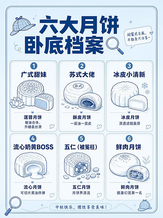 小红书系列笔记配图，医疗蓝统一线稿插画风，生活化科普风格，版式精美，小红书笔记质感。页面标题：「六大月饼卧底档案」。内容分六类月饼展示，每类配极简线稿小图标和文字说明：1.广式甜妹：莲蓉月饼线稿+「糖油合体，升糖最丝滑」；2.苏式大佬：酥皮月饼线稿+「一层油一层皮」；3.冰皮小清新：冰皮月饼线稿+「清透滤镜最厚」；4.流心奶黄BOSS：流心月饼线稿+「可切片黄油炸弹」；5.五仁（被冤枉）：五仁月饼线稿+「月饼界清流」；6.鲜肉月饼：鲜肉月饼线稿+「健康幻觉第一名」。背景：医疗蓝色系浅蓝底色，统一风格。文字：深蓝色扁平粗黑体，清晰可读，分栏排版整齐。装饰元素：细线框分隔、小侦探帽图标点缀。整体氛围：轻松科普、闺蜜式交底、不教条。画质：高清细腻，信息层级清晰，文字完整不裁切，四周留安全边距。画面比例3:4，4K。