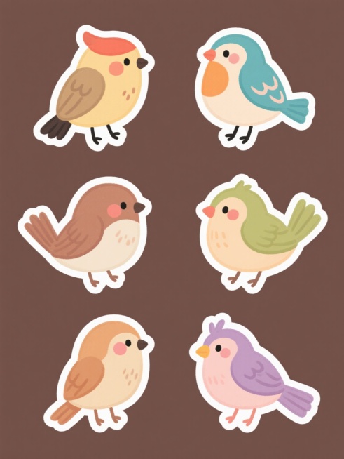 一组6个手绘卡通风格小鸟素材集合，规整排布，每个素材均包含小鸟元素，整体采用统一的纯色背景和全新的色彩搭配，呈现完全不同造型和角度的小鸟，画面保持手绘质感，色彩鲜明，造型生动可爱，整体视觉风格统一且富有变化。预览效果