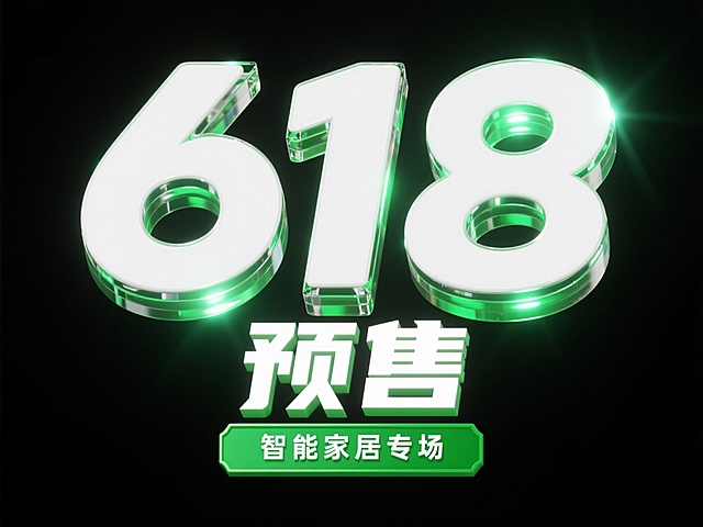 AI字体设计，巨大的白色立体艺术字“618”作为视觉焦点，下方是同样风格的“预售”二字，整体笔画粗壮，具有强烈的立体感和多层次玻璃质感，字体边缘有醒目的绿色渐变发光效果，模拟出光线照射在透明材质上的通透质感，副标题“智能家居专场”以绿色立体牌匾形式置于“预售”下方，所有文字元素整体呈现在纯黑色背景上，形成鲜明对比，视觉层级清晰，信息传达直接有力，具有浓厚的促销氛围和现代科技感。
