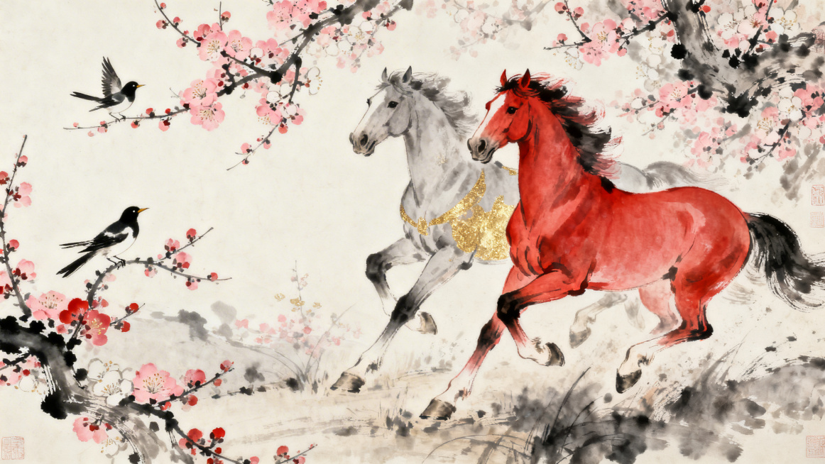 现代国风插画，带有传统笔墨韵味，双马并驰，一前一后，寓意双财临门，背景是梅花绽放，喜鹊登枝的新春盛景，配色为胭脂红、赤金、浅灰、墨色，构图左右呼应，疏密有致，参考艺术家陈之佛的风格预览效果