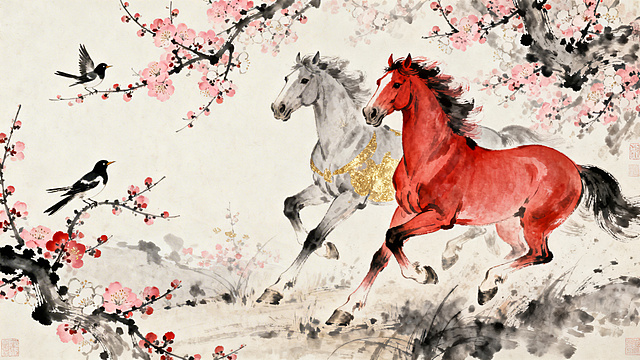 工笔与水墨交融，红马奔腾于梅枝间，鎏金点缀，尽显中式古典唯美，鸟语花香，诗意盎然。