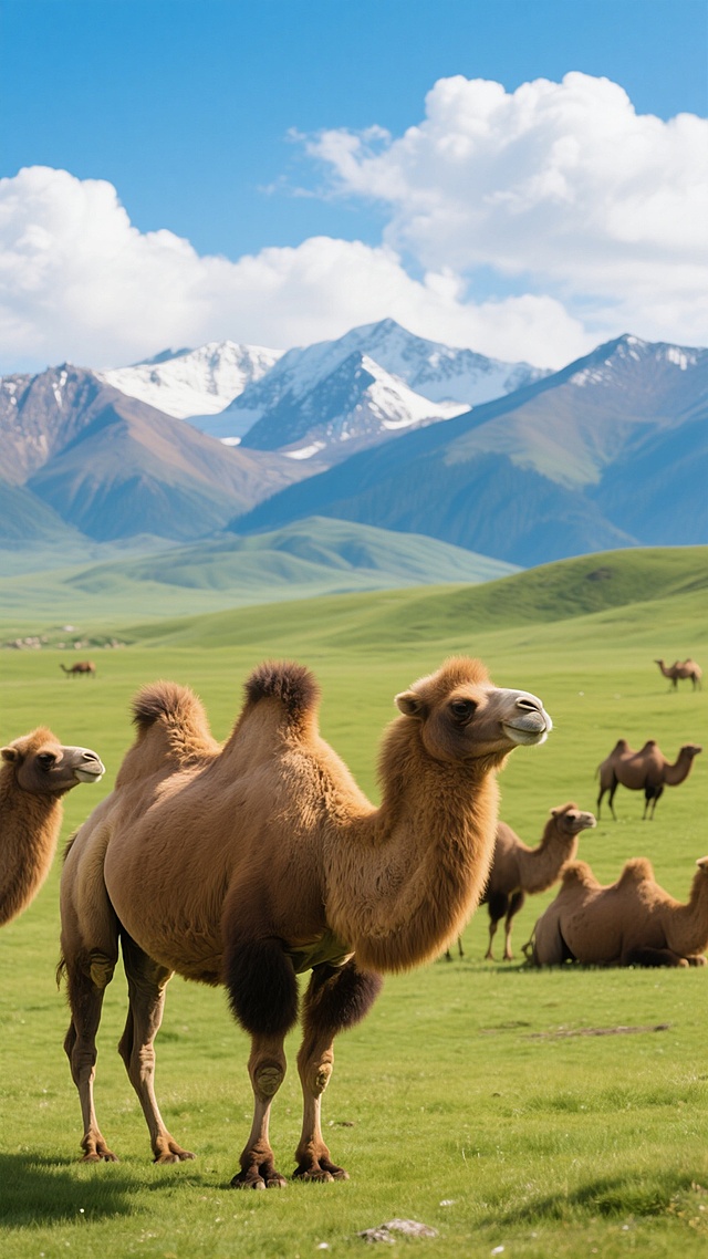 一群棕色双峰骆驼站在广阔的绿色草原上，近处的骆驼体型高大，毛发厚实呈棕黄色，颈部和背部驼峰边缘有深色鬃毛，它们姿态悠闲，有的侧头望向远方，有的低头似在休憩，远处还有几只骆驼散布在草原上形成层次感；背景是连绵起伏的雪山，山顶覆盖着皑皑白雪，山体呈蓝灰色和灰褐色渐变，天空湛蓝，漂浮着大片洁白的云朵，阳光明媚，光线明亮柔和，照亮了骆驼的毛发和草原的绿色，营造出开阔、自然、宁静而壮丽的高原风光，整体画面为写实摄影风格，色彩鲜明，细节清晰，展现出自然生态的和谐与壮美。