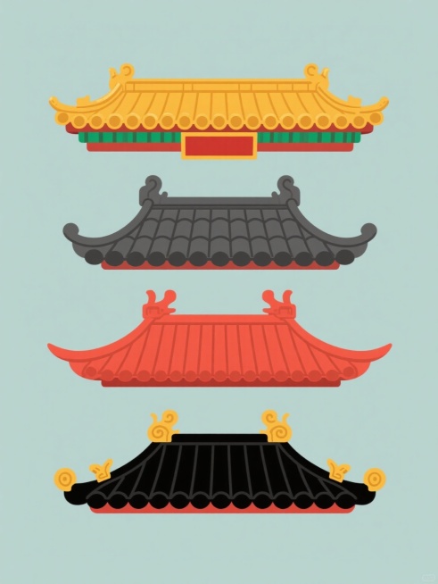 四个中国传统建筑屋顶的卡通风格插画，以纯色背景为衬托，采用规整的垂直排列方式。每个屋顶都保持了原有的基本形态和结构特征，但在色彩和细节上各具特色：第一个屋顶为黄色琉璃瓦，搭配红色匾额和绿色装饰；第二个屋顶为深灰色瓦片，呈现出沉稳的视觉效果；第三个屋顶通体红色，屋檐向上翘起，显得十分灵动；第四个屋顶则以黑色为主色调，两端有金色的装饰图案。所有屋顶都采用了简洁的线条和鲜明的色彩，具有浓郁的中国风特……预览效果