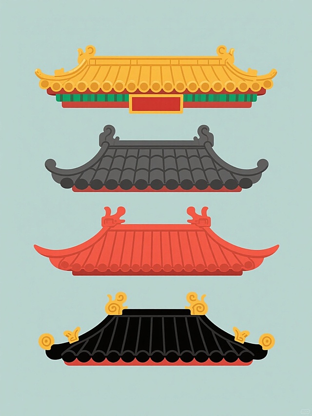 四个中国传统建筑屋顶的卡通风格插画，以纯色背景为衬托，采用规整的垂直排列方式。每个屋顶都保持了原有的基本形态和结构特征，但在色彩和细节上各具特色：第一个屋顶为黄色琉璃瓦，搭配红色匾额和绿色装饰；第二个屋顶为深灰色瓦片，呈现出沉稳的视觉效果；第三个屋顶通体红色，屋檐向上翘起，显得十分灵动；第四个屋顶则以黑色为主色调，两端有金色的装饰图案。所有屋顶都采用了简洁的线条和鲜明的色彩，具有浓郁的中国风特色，整体画面和谐统一，充满了古朴典雅的气息。