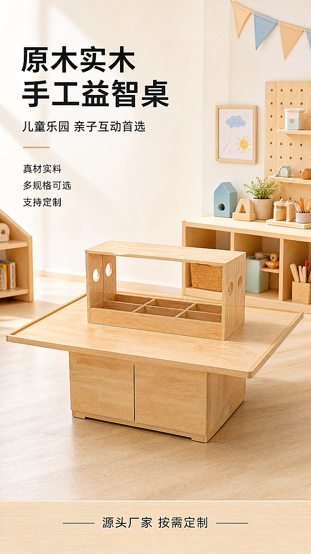 [第1屏] 详情页头图-儿童乐园泥瓦匠手工桌宣传海报，本屏使用【图1】作为商品主体，保留实木材质、原木色、双开门底部柜体和顶部收纳格的物理结构、比例轮廓和材质纹理一致。
[氛围/风格] 自然原木风，温馨童趣商业摄影，明亮干净的室内游乐场景氛围，高清质感。
[元素布局] 手工桌主体放置在画面中下部，占整体画面约65%区域。背景为浅原木色儿童活动空间，左上角预留主标题区域，右侧点缀小型儿童手工玩具摆件做装饰，底部放浅木色信息条，整体干净不拥挤，保持产品结构清晰完整。
[光影质感] 左侧上方来柔和主光，整体光线均匀明亮，产品下方形成自然柔和阴影，木纹纹理和拼接细节清晰可见。
[配色色系] 全局底色 #F5F1E9，主体为原木浅木色 #F0DCBD，文字深色 #333333，点缀少量浅蓝 #E6F3F8。
[视角构图] 正面45度斜侧视角，景深适中，产品居中，阅读从上到下流畅。
[文字版式] 左上角主标题 "原木实木 手工益智桌" 加粗黑体，字号约占宽度10%，副标题 "儿童乐园 亲子互动首选"，字号约为主标题40%，下方三个小点 "真材实料\n多规格可选\n支持定制" 分三行排列，文字左对齐，不遮挡产品主体。底部浅木色信息条标注 "源头厂家 按需定制"，文字居中。
[比例分辨率] 9:16 竖版比例，4K分辨率，文字清晰可辨，超高清。
[负向提示词] 产品变形，结构错乱，颜色偏差，文字模糊，水印，背景杂乱，违规文字，缺件错件。