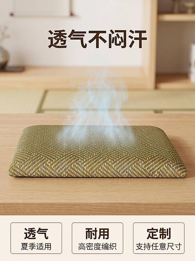 [主图 2] 夏季藤席坐垫透气性能展示图，原木日系风格
[氛围风格] 自然清新，功能演示清晰
[画质] 商业摄影质感、光线柔和通透、产品清晰真实、画面干净高级
[元素] 单块绿色藤席坐垫放置在浅原木色桌面上，使用淡蓝色水雾展示蒸汽从藤席编织纹理中透出，直观演示透气特性。保持藤席坐垫的外观颜色、编织纹理、材质质感与输入产品图绝对一致，杜绝任何变形和色差，精细化处理。商品主体占比约70%，画面满屏无边框。背景为浅原木日系家居环境，浅景深虚化处理
[光影] 柔和自然光，整体光照均匀，蒸汽半透明呈现透气质感，明暗层次清晰
[配色] 主色调原木浅棕搭配藤席绿色，浅蓝蒸汽点缀，背景浅米白，整体清新干净
[视角构图] 平视角度，聚焦产品主体，景深适中
[文字版式] 顶部居中大字“透气不闷汗”，深棕色粗体；底部三列横排展示卖点：第一列“透气”“夏季适用”，第二列“耐用”“高密度编织”，第三列“定制”“支持任意尺寸”，均为深棕色小字配浅色细框，排列整齐不遮挡产品主体
[比例分辨率] 3:4比例，2k分辨率，文字清晰可辨，超高清
[负向提示词] 变形，水印，文字错乱，产品图模糊，背景杂乱